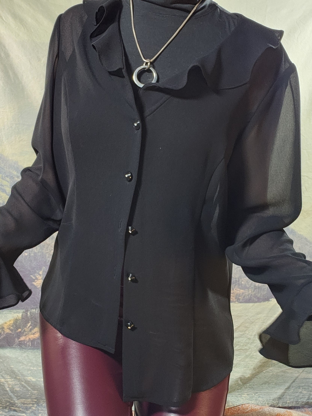 Virgo Y2K Black Ruffle-Trim Sheer Long Sleeve Blouse 10